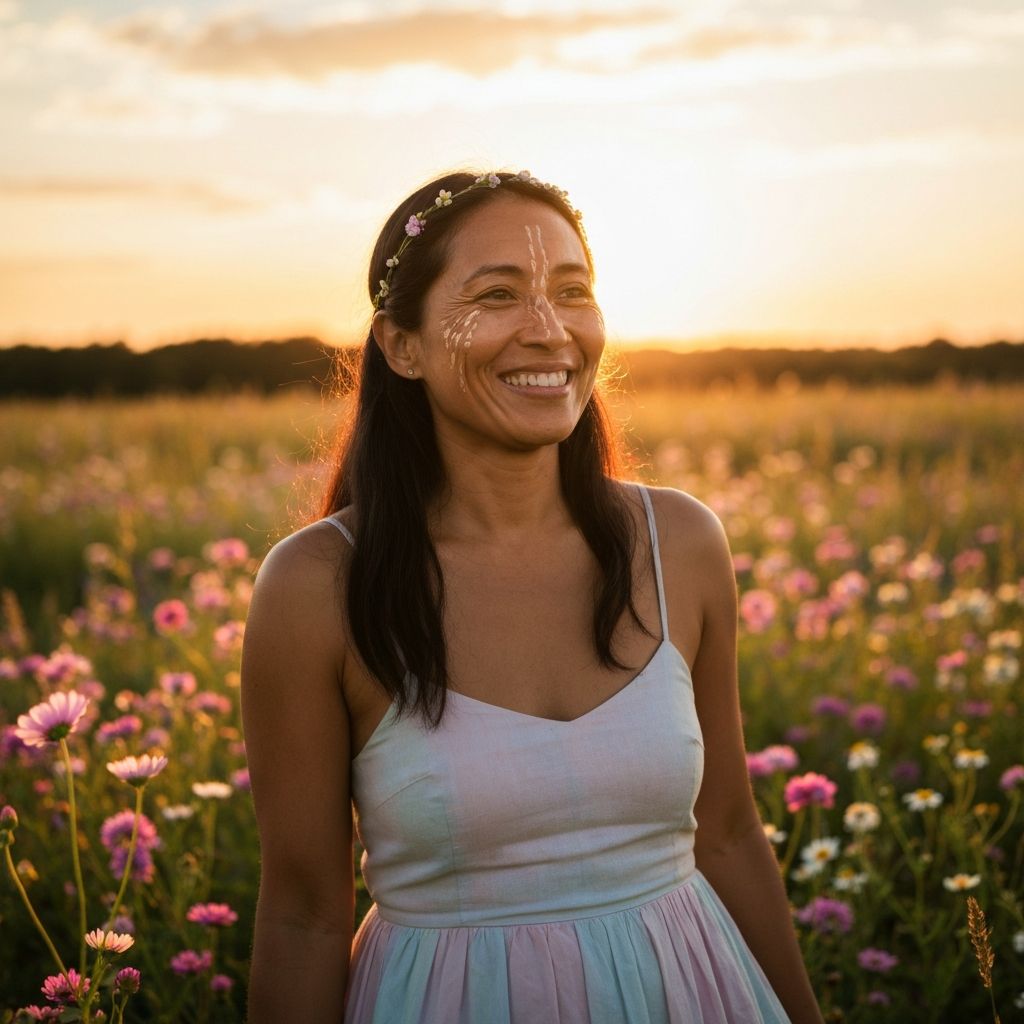 Mulher expressando gratidão ao pôr do sol em momento de contemplação