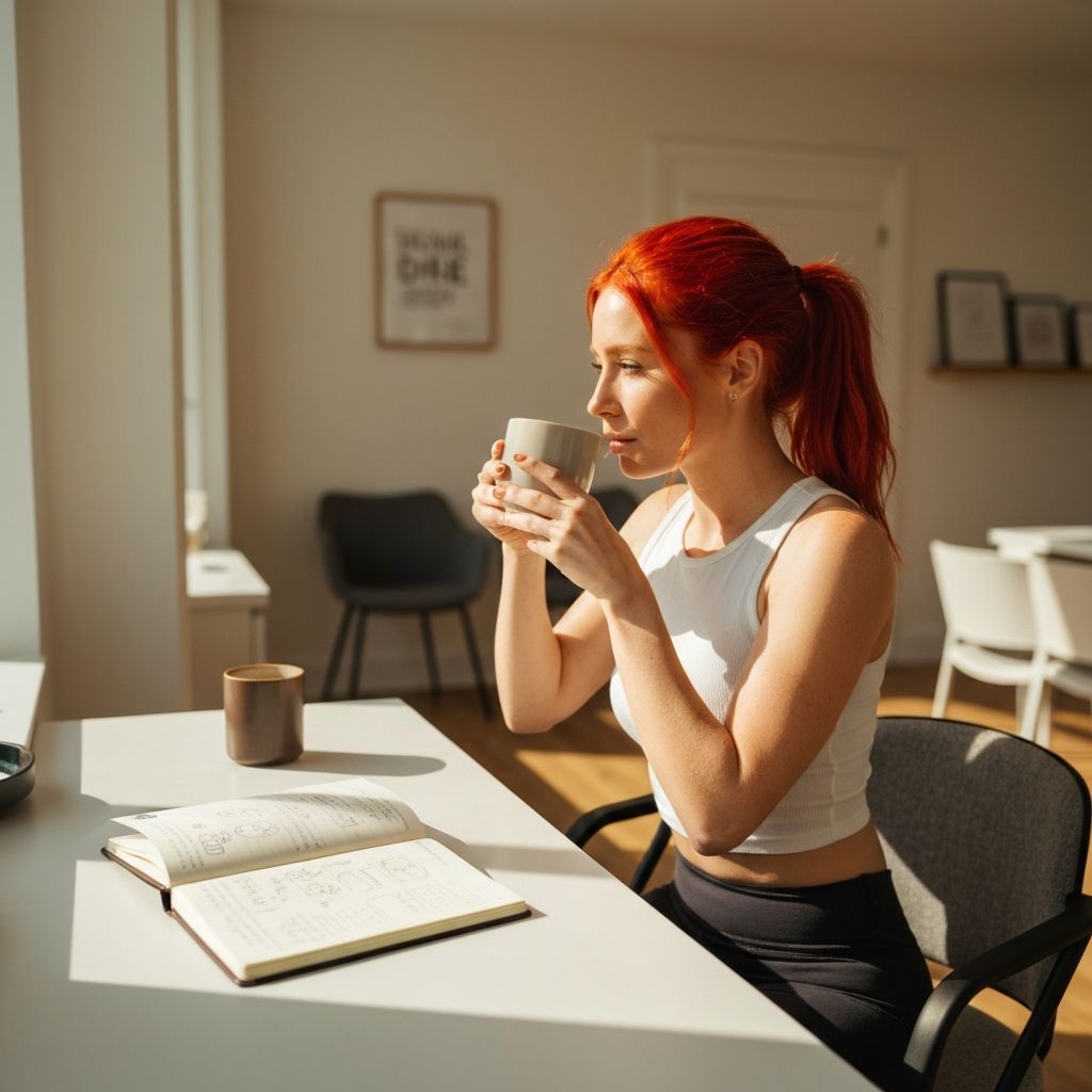 Mulher em rotina matinal com café e diário sobre a mesa