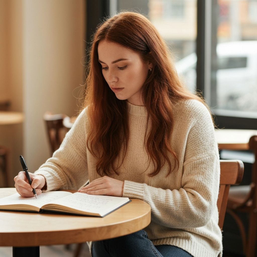 Mulher pensativa fazendo reflexões em seu caderno de anotações