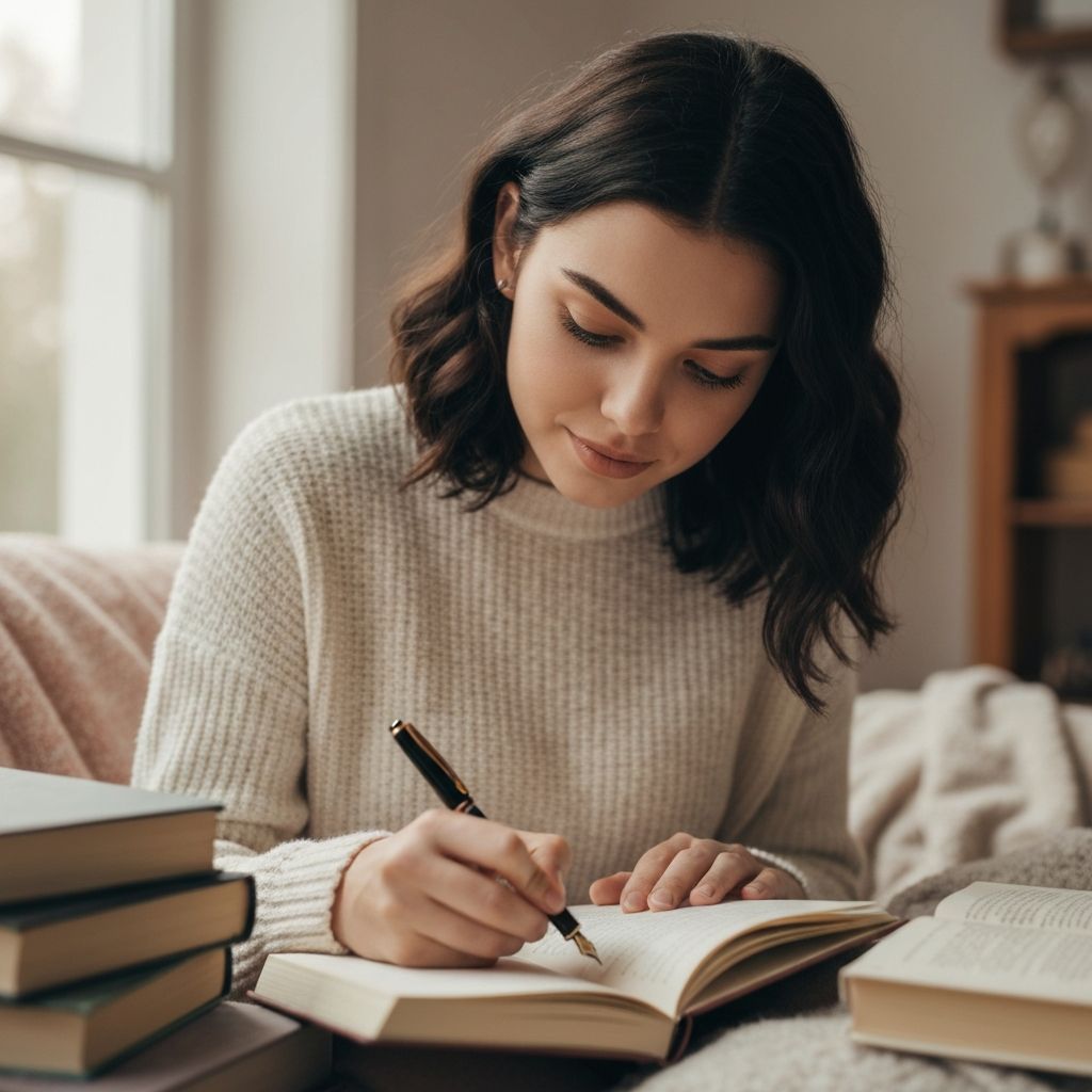 Mulher escrevendo em seu diário em ambiente tranquilo e acolhedor